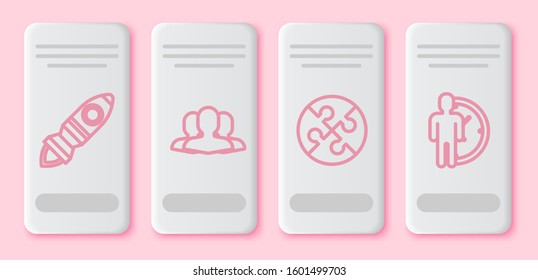 Set line Rocket ship with fire, Users group, Piece of puzzle and Time Management. White rectangle button. Vector