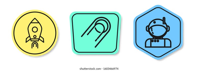 Set line Rocket ship with fire, Satellite and Astronaut. Colored shapes. Vector