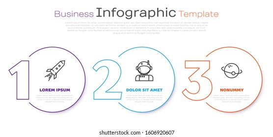 Set line Rocket ship with fire, Astronaut and Planet. Business infographic template. Vector