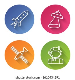 Set line Rocket ship with fire, UFO flying spaceship, Satellite and Astronaut. Color circle button. Vector