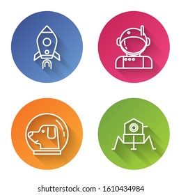 Set line Rocket ship with fire, Astronaut, Dog in astronaut helmet and Mars rover. Color circle button. Vector
