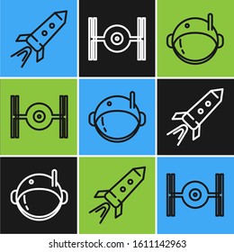 Set line Rocket ship with fire, Astronaut helmet and Cosmic ship icon. Vector