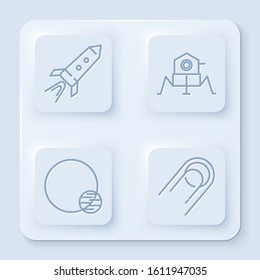 Set line Rocket ship with fire, Mars rover, Planet and Satellite. White square button. Vector
