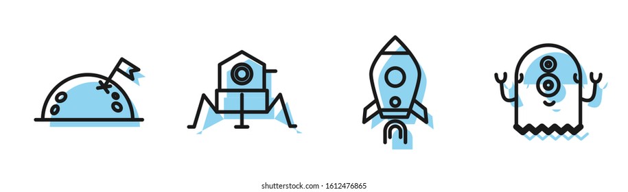 Set line Rocket ship with fire, Planet with flag, Mars rover and Alien icon. Vector