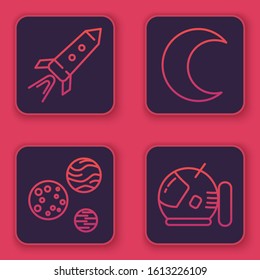 Set line Rocket ship with fire, Planet, Moon and stars and Astronaut helmet. Blue square button. Vector