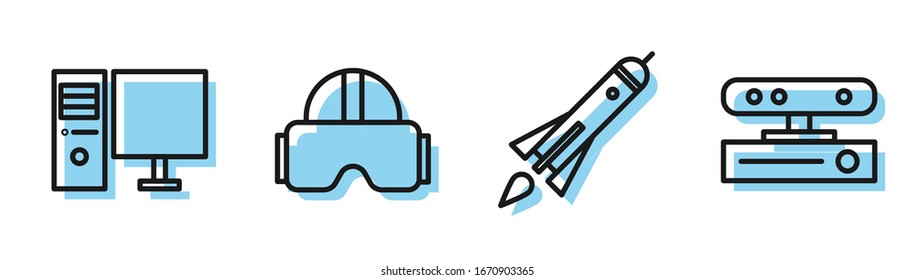 Set line Rocket ship with fire, Computer monitor, Virtual reality glasses and Motion sensor icon. Vector