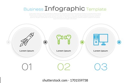 Set line Rocket ship with fire, Air headphones and Computer monitor. Business infographic template. Vector