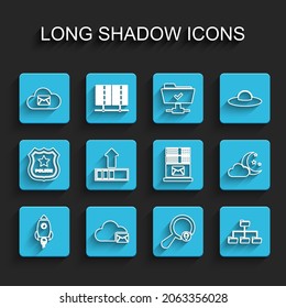 Set line Rocket ship with fire, Cloud mail server, Search location, Folder tree, Loading, moon and stars and Mail icon. Vector