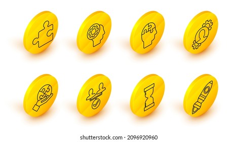 Set line Rocket ship with fire, Old hourglass flowing sand, Project team base, Piece of puzzle hand, Human gear inside, head puzzles strategy,  and  icon. Vector