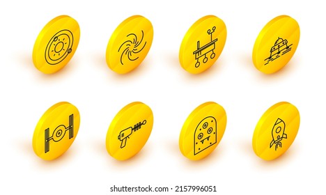 Set line Rocket ship with fire, Alien, Ray gun, Cosmic, Mars rover, Black hole and Solar system icon. Vector