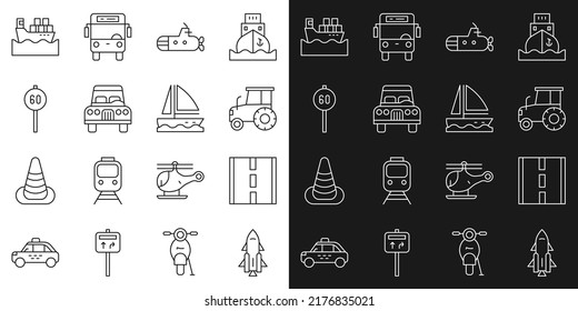 Set line Rocket ship with fire, Road, Tractor, Submarine, Car, Speed limit traffic, Cargo boxes and Yacht sailboat icon. Vector