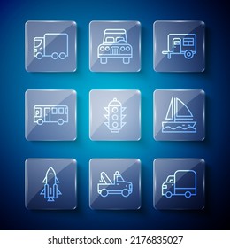 Set Line Rocket Ship With Fire, Tow Truck, Delivery Cargo, Rv Camping Trailer, Traffic Light, Bus,  And Yacht Sailboat Icon. Vector