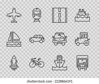Set Line Raketentreff mit Feuer, Lieferung Lastwagen, Straße, Fahrrad, Flugzeug, Hatchback, Ladung und Traktor Symbol. Vektorgrafik