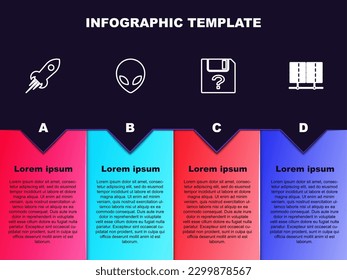 Set line Rocket ship with fire, Alien, Unknown document and Server, Data, Web Hosting. Business infographic template. Vector