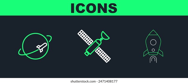 Set line Rocket ship with fire, Planet and Satellite icon. Vector