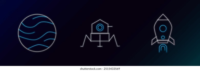 Set line Raketenschiff mit Feuer, Planet und Mars Rover Ikone. Leuchtendes Neon. Vektorgrafik