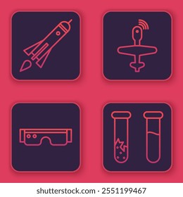 Set line Rocket ship with fire, Smart glasses, UAV Drone and Test tube and flask. Blue square button. Vector