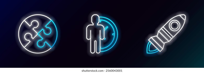 Set line Rocket ship with fire, Piece of puzzle and Time Management icon. Glowing neon. Vector