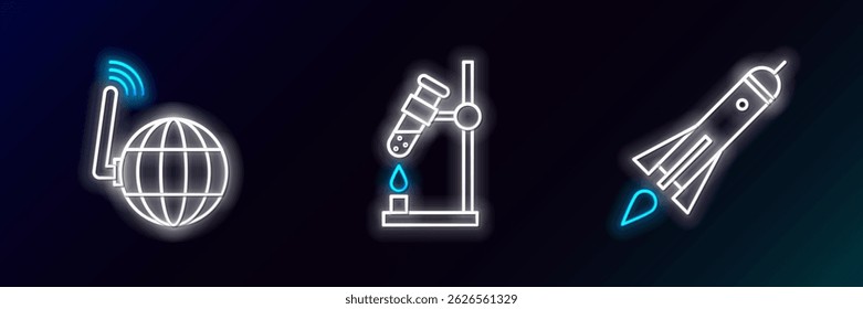 Set line Rocket ship with fire, Social network and Test tube flask on icon. Glowing neon. Vector