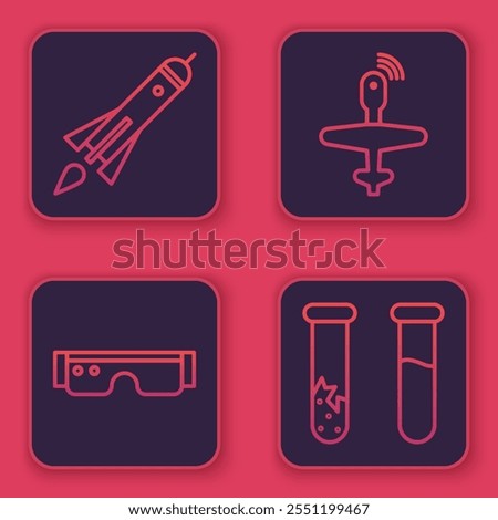 Set line Rocket ship with fire, Smart glasses, UAV Drone and Test tube and flask. Blue square button. Vector
