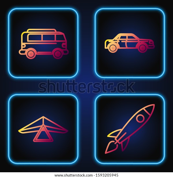 Set line Rocket ship\
with fire, Hang glider, Retro minivan and Sedan car. Gradient color\
icons. Vector