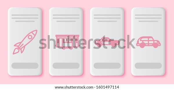 Set line Rocket ship\
with fire, Old city tram, Sedan car and Hatchback car. White\
rectangle button. Vector