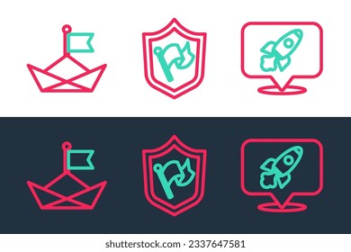 Set line Rocket ship, Folded paper boat and Shield with flag icon. Vector