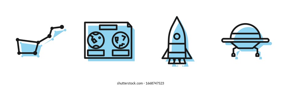 Set line Rocket ship, Great Bear constellation, Celestial map of the night sky and UFO flying spaceship icon. Vector