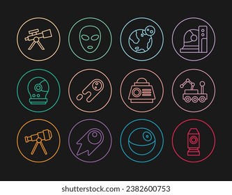 Set line Rocket ship, Mars rover, Earth globe, Comet falling down fast, Astronaut helmet, Telescope, Space capsule and Alien icon. Vector