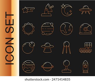Set line Rocket ship, Mars rover, Astronaut helmet, Moon and stars, Planet, Sun, Falling and Earth globe icon. Vector