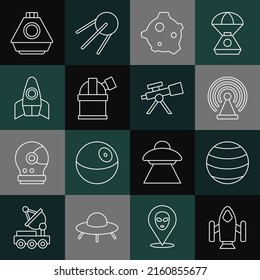 Set Line Rocket Ship, Planet, Radar, Asteroid, Astronomical Observatory, Space Capsule And Telescope Icon. Vector