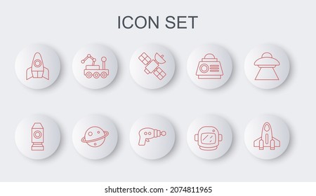 Set line Rocket ship, Satellite, Astronaut helmet, Mars rover, Planet Saturn and Ray gun icon. Vector