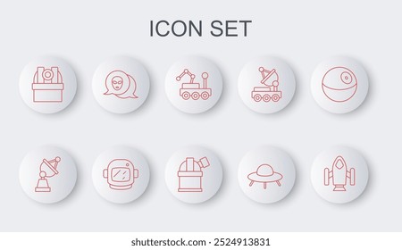 Set line Rocket ship, Satellite dish, Mars rover, UFO flying spaceship, Astronomical observatory, Alien, Astronaut helmet and  icon. Vector