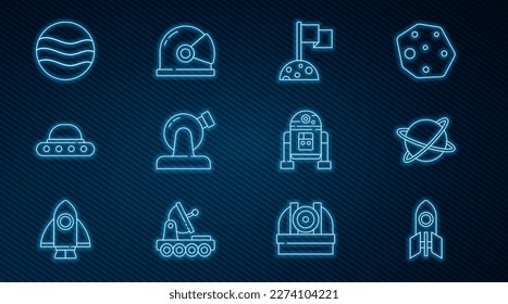 Set line Rocket ship, Satellites orbiting the planet, Moon with flag, Astronomical observatory, UFO flying spaceship, Planet, Robot and Astronaut helmet icon. Vector