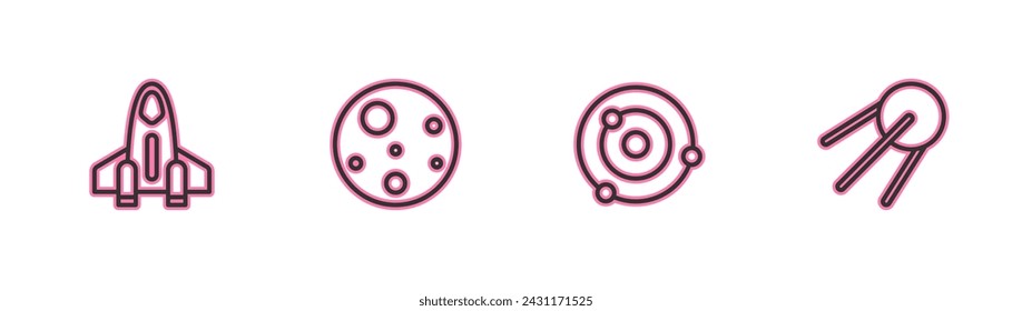 Set line Rocket ship, Solar system, Planet Mars and Satellite icon. Vector