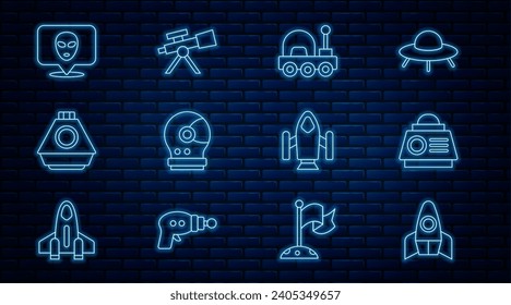 Set line Rocket ship, Space capsule, Mars rover, Astronaut helmet, Alien,  and Telescope icon. Vector