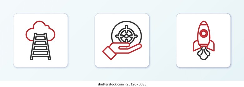 Set line Rocket ship, Stair with finish flag and Target icon. Vector