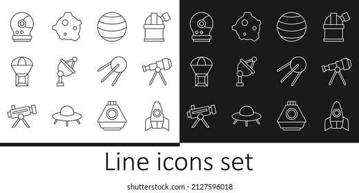 Set line Rocket ship, Telescope, Planet, Satellite dish, Box flying on parachute, Astronaut helmet, and Asteroid icon. Vector