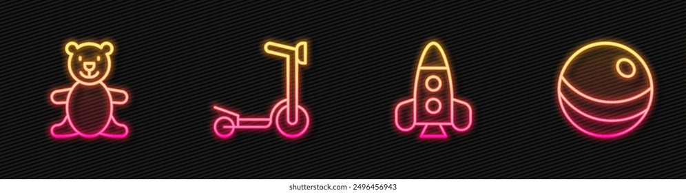 Set line Rocket ship toy, Teddy bear plush, Roller scooter and Beach ball. Glowing neon icon. Vector