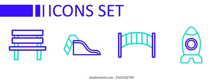 Set line Rocket ship toy, Playground kids bridge, Slide playground and Bench icon. Vector