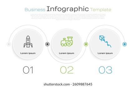 Set line Rocket ship, Toy train and Kite. Business infographic template. Vector
