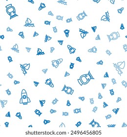 Set line Rocket ship, Tram and railway and Yacht sailboat on seamless pattern. Vector