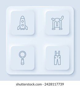 Set line Rocket ship, Viking in horned helmet, Magnifying glass and Pants with suspenders. White square button. Vector