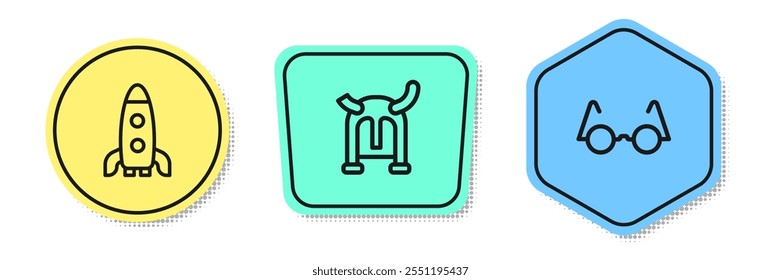 Set line Rocket ship, Viking in horned helmet and Eyeglasses. Colored shapes. Vector