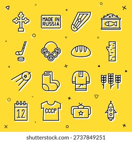 Set line Rocket ship, Wheat, Birch tree, Kankles, Russian bagels, Ice hockey stick and puck, Christian cross and Bread loaf icon. Vector