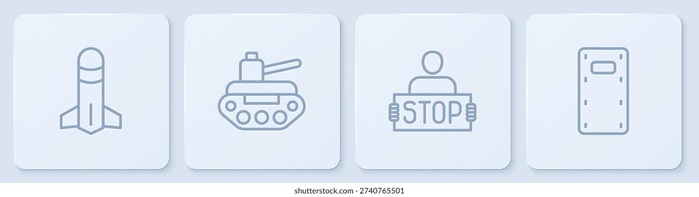 Set line Rocket, Stop war, Military tank and assault shield. White square button. Vector