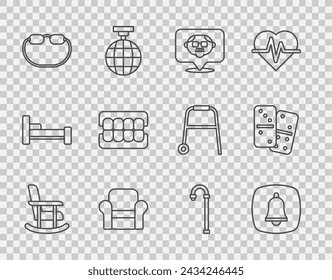 Set line Rocking chair, Emergency phone call, Grandfather, Armchair, Eyeglasses, False jaw, Walking stick cane and Domino icon. Vector svg