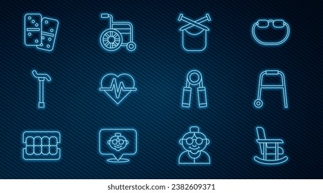 Set line Rocking chair, Walker, Knitting, Heart rate, Walking stick cane, Domino, Sport expander and Wheelchair icon. Vector svg