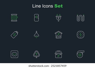 Set line Roll adhesive tape, Toolbox electrician, High voltage, Electrical outlet, Lightning bolt, Smart home, Lamp hanging and Battery charge icon. Vector