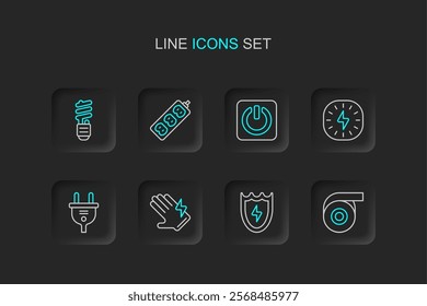 Set line Roll adhesive tape, Lightning and shield, Electric glove, plug, bolt, Power button, extension and LED light bulb icon. Vector